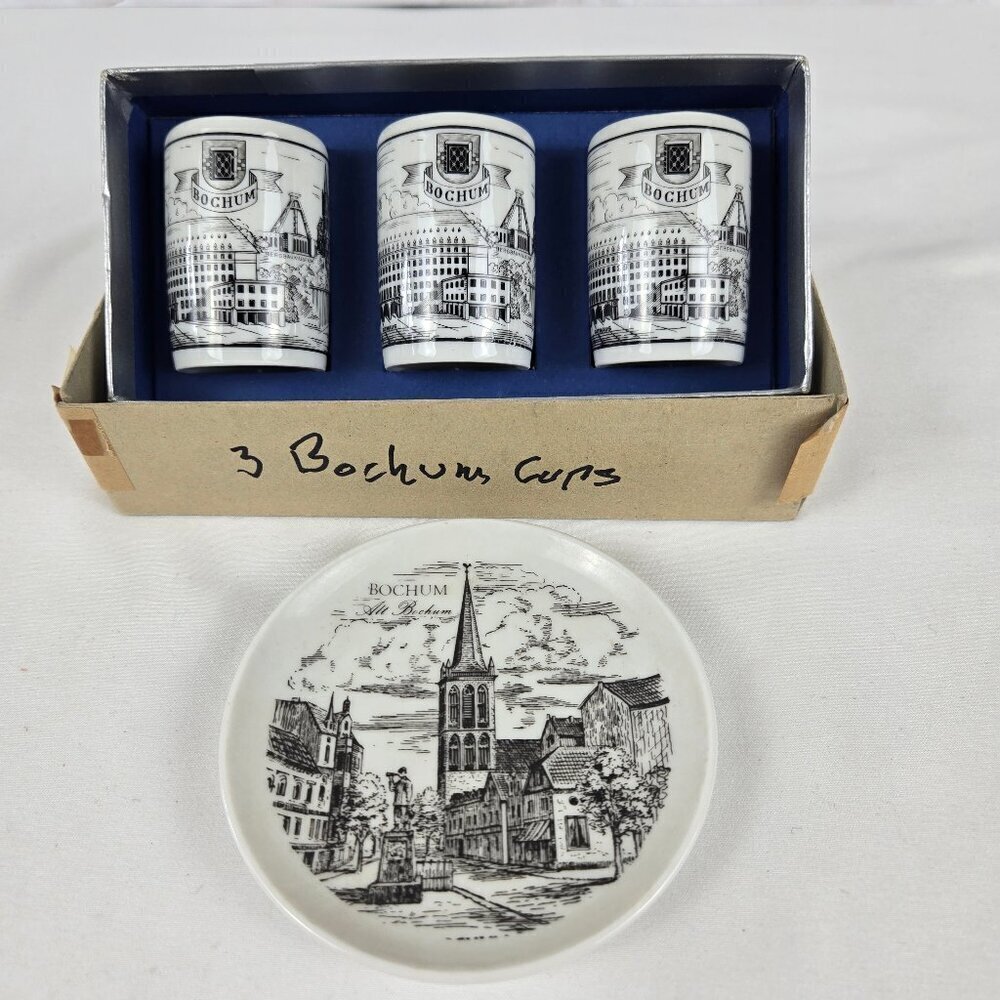 Royal Porzellan Set of 3 Bochum German Shot Glasses and Matching Miniature Plate